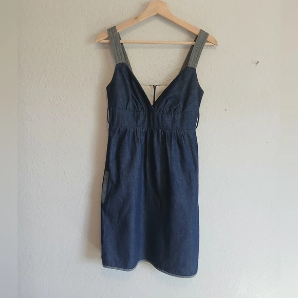 💚5/$25 Voom Dark Denim Luxe Denim Sun Dress Pockets Mini Small Cotton Chambray - Picture 1 of 7